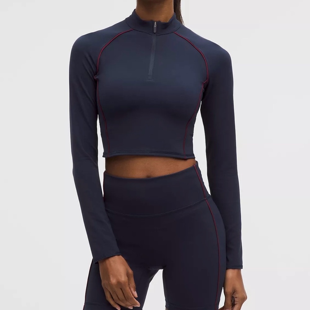 NWT Lululemon Wunder Train Cropped Long-Sleeve Half Zip - True Navy/Burgundy Bay